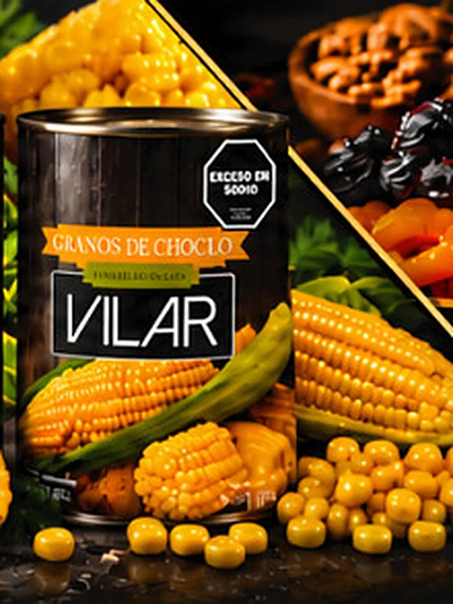 Lata de granos de choclo Vilar con choclos frescos