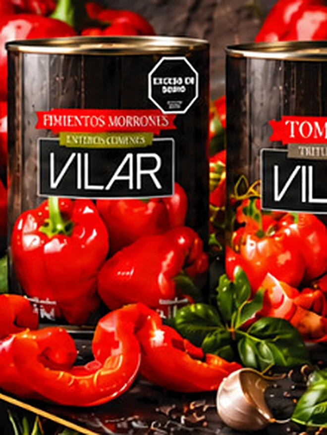 Latas Vilar de morrones y tomate con verduras frescas